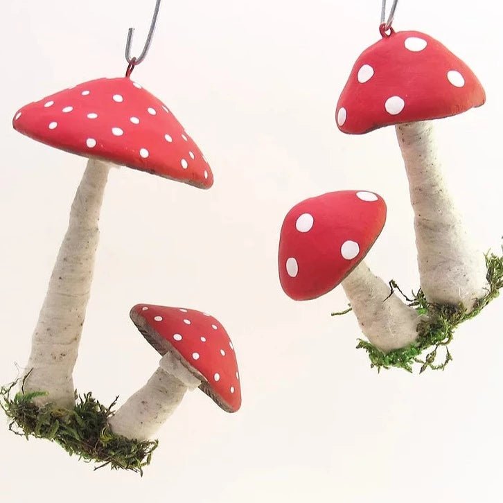 Double Hanging Mushroom Ornament - Vintage Inspired Spun Cotton - Bon Ton goods