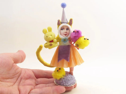 Easter Cat Girl Figure | Vintage by Crystal Spun Cotton Ornament - Bon Ton goods