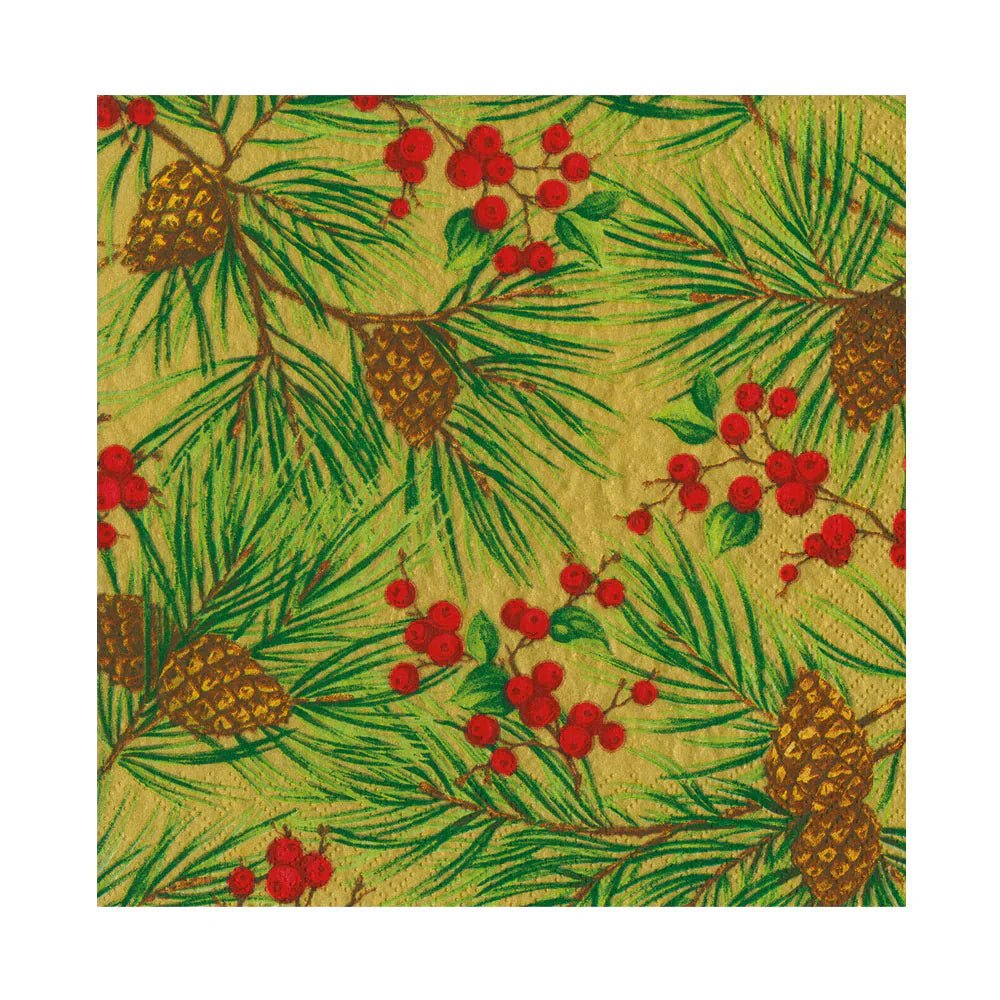 Evergreen And Berries Gold Luncheon Napkins | Caspari - Bon Ton goods