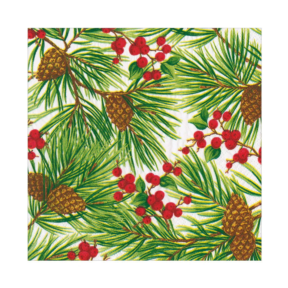Evergreen And Berries White Luncheon Napkins | Caspari - Bon Ton goods