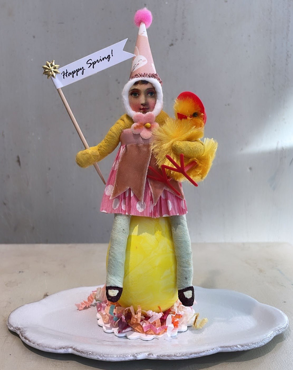 Girl On Egg With Chick Friend Figure 1 | Vintage by Crystal Spun Cotton Ornament - Bon Ton goods