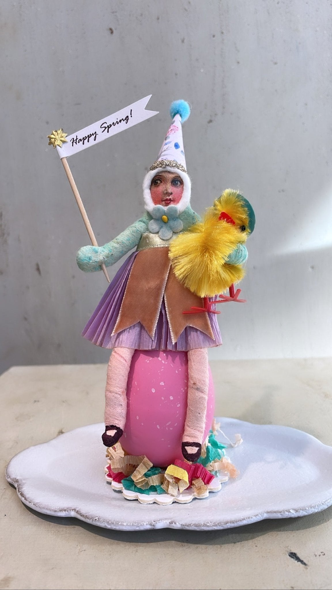 Girl On Egg With Chick Friend Figure 4 | Vintage by Crystal Spun Cotton Ornament - Bon Ton goods