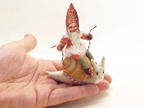 Gnome Riding A Snail - Vintage Inspired Spun Cotton | Vintage by Crystal Spun Cotton Ornament - Bon Ton goods