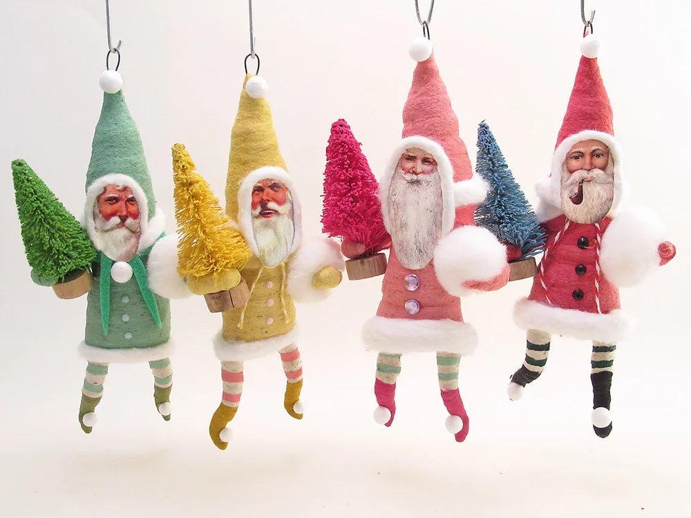 Green Santa W/ Bottle Brush Tree Ornament - Vintage Inspired Spun Cotton - Bon Ton goods