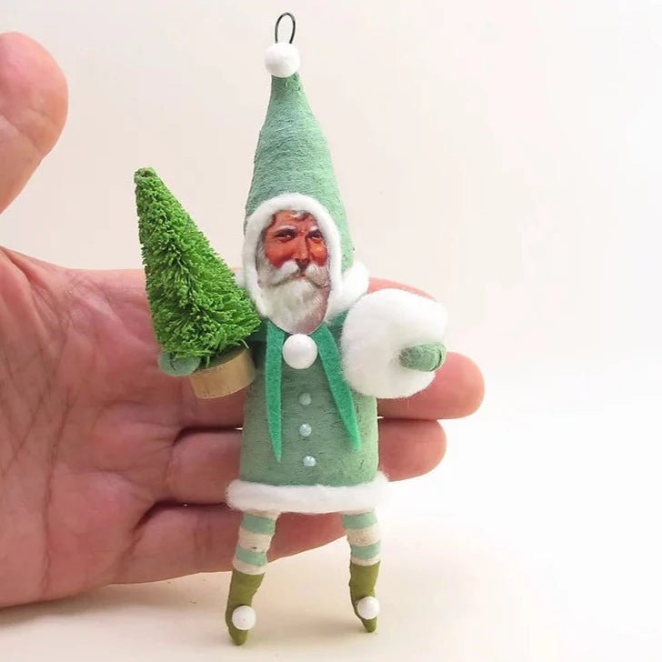 Green Santa W/ Bottle Brush Tree Ornament - Vintage Inspired Spun Cotton - Bon Ton goods