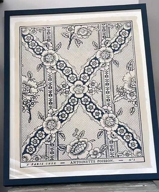 'Guirlande Fleurs' Bleu Indigo Domino Paper – Framed Antique-Style Print | Antoinette Poisson