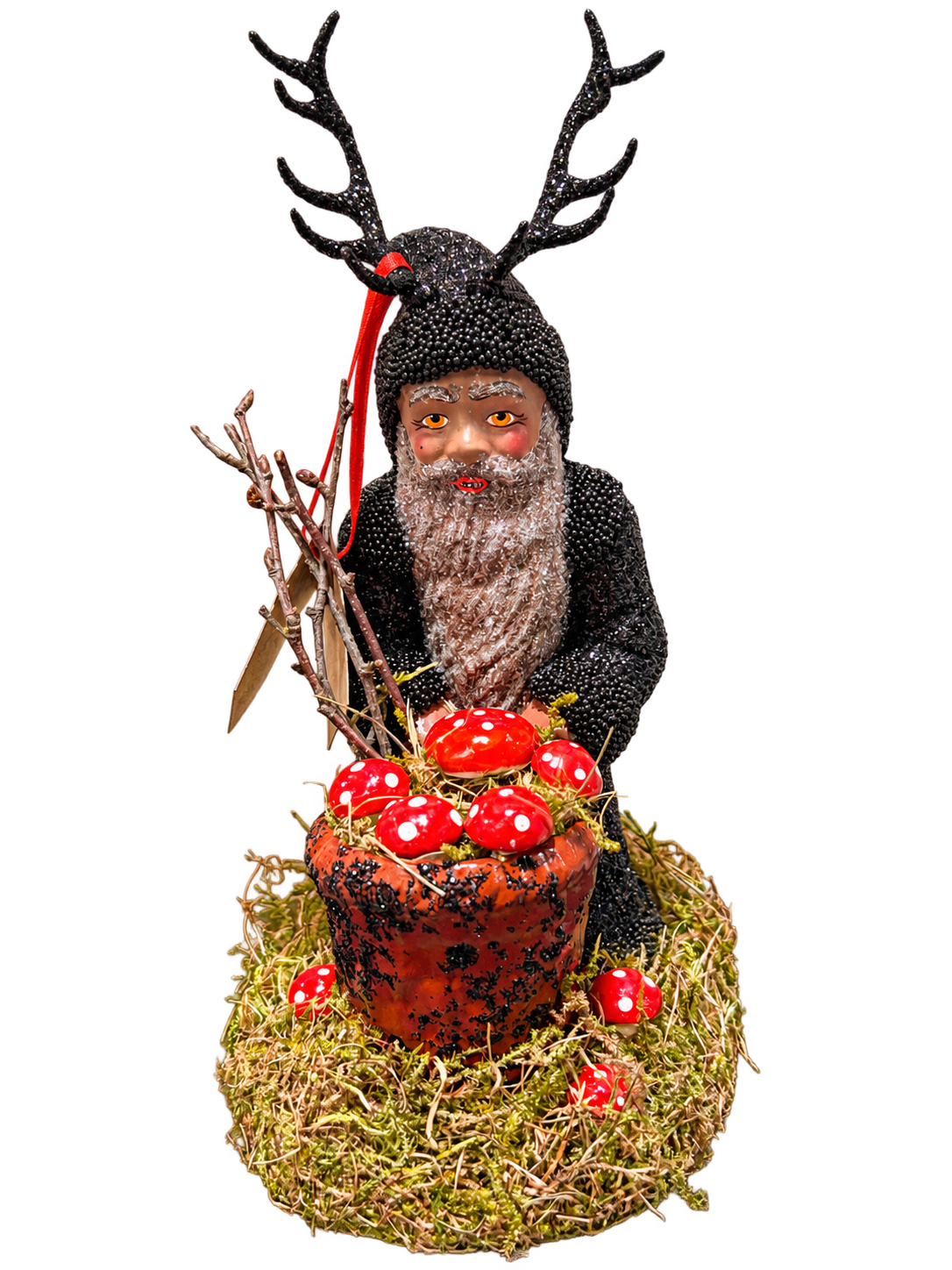 Black beaded and glitter Krampus with mushroom basket by Ino Schaller, on a transparent background