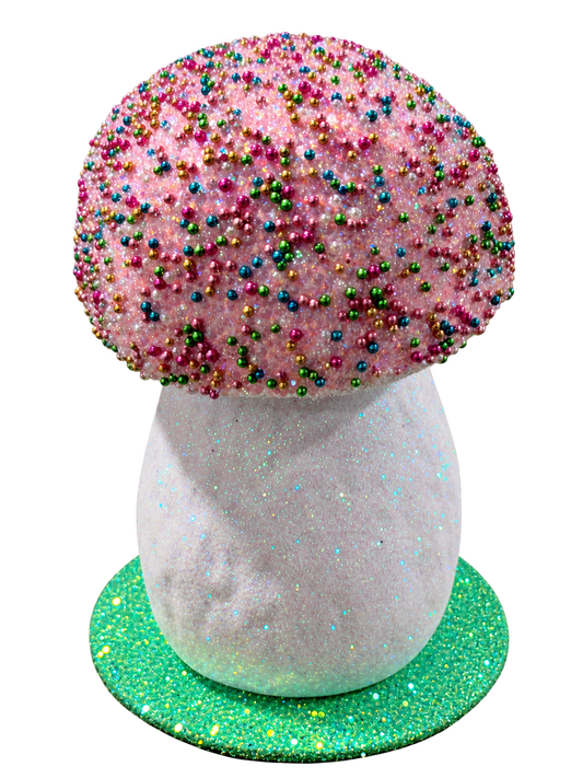 Pink mushroom with multicolored beads by Ino Schaller, front view