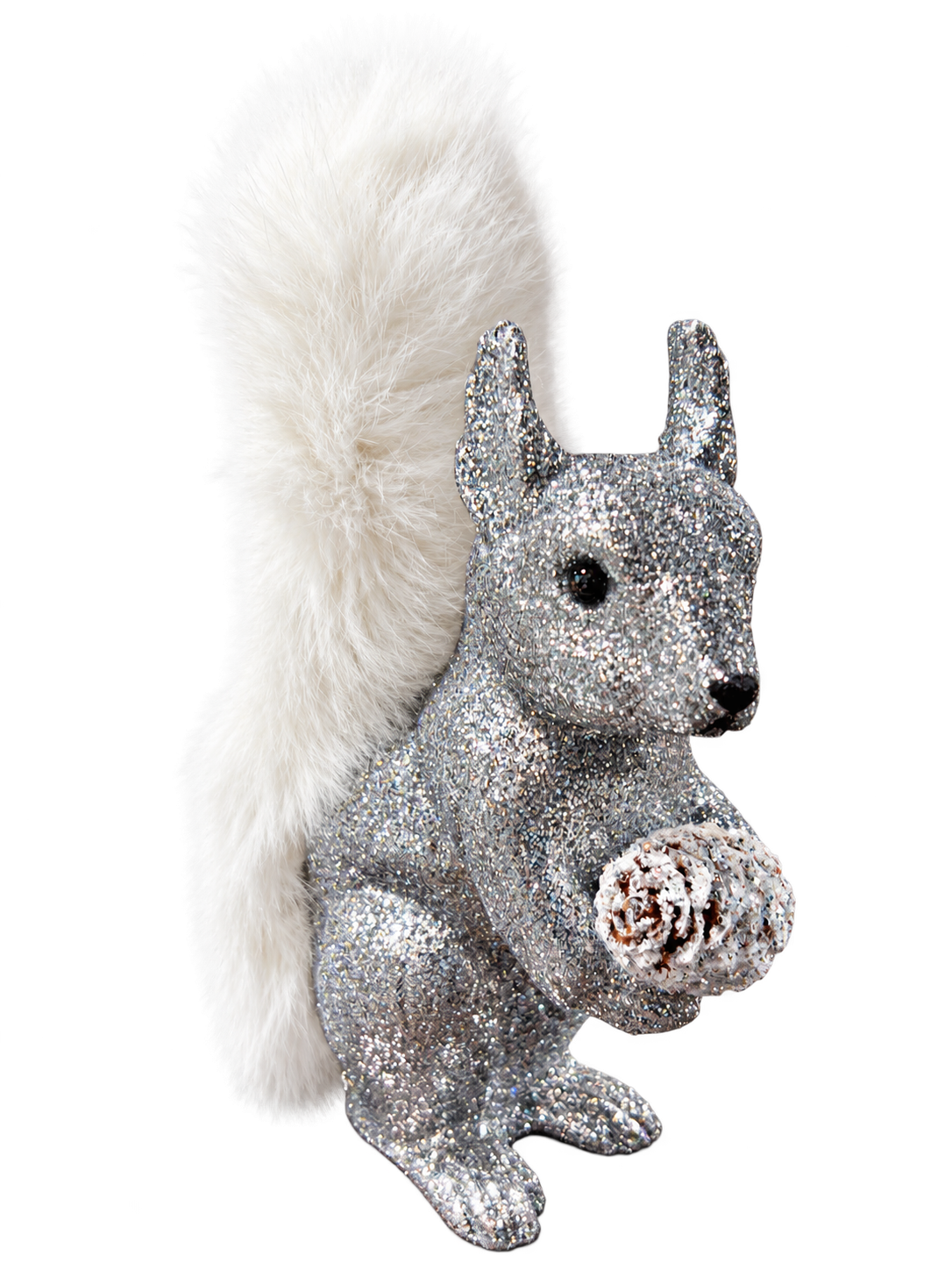 Silver glitter squirrel with white fur tail holding a pinecone by Ino Schaller