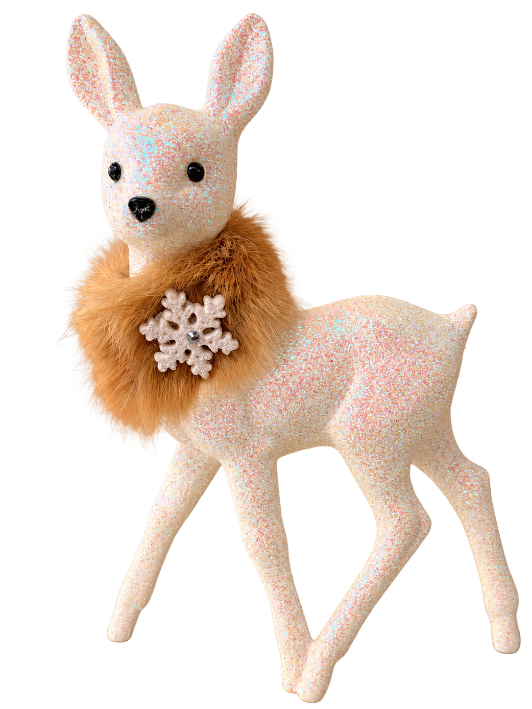 White Glitter Bambi with Fur Collar and Snowflake by Ino Schaller, isolated on a transparent background