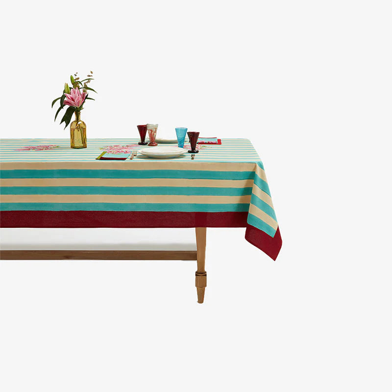 ISSIMO X Lisa Corti Bougainvillea White Veronese Stripes- Tablecloth 180 x 270 | Lisa Corti