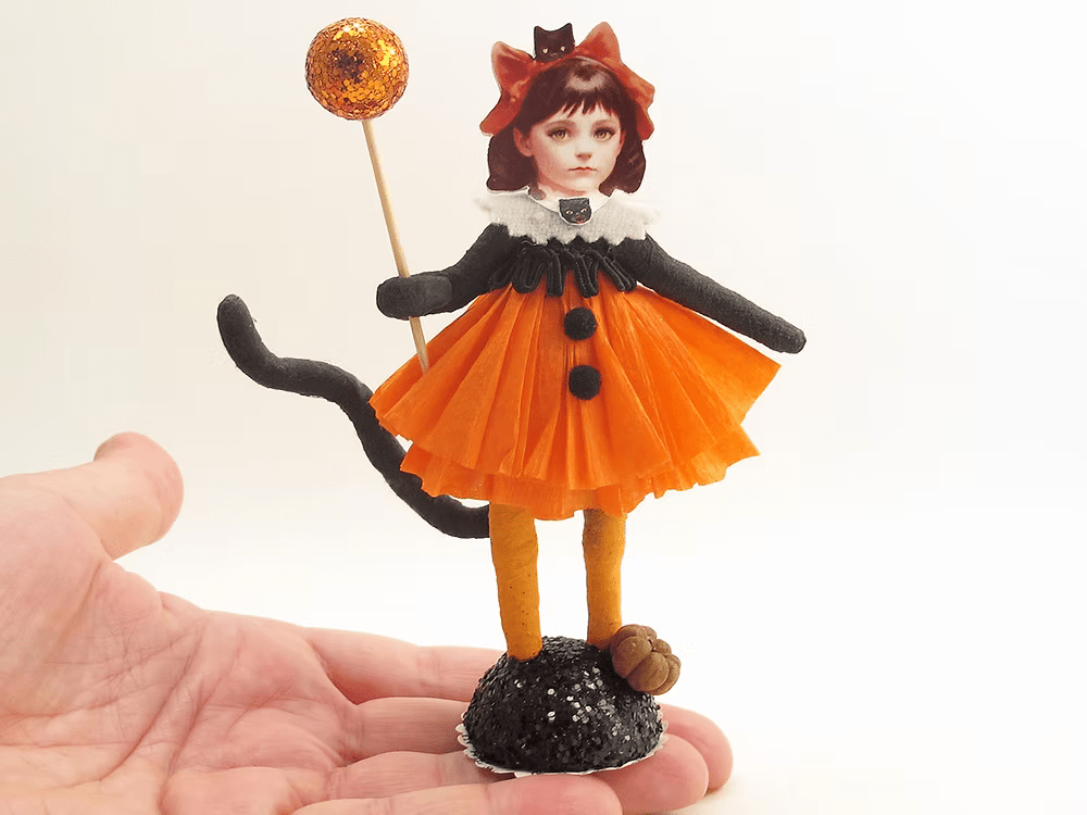 Kitty Cat Costume Figure | Vintage by Crystal Spun Cotton Ornament - Bon Ton goods
