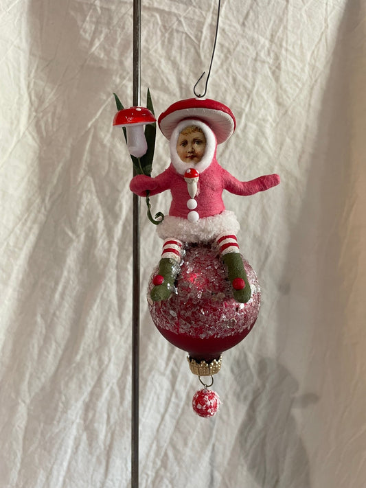 Mushroom Child On Ball Ornament - Vintage by Crystal | Vintage by Crystal Spun Cotton Ornament - Bon Ton goods