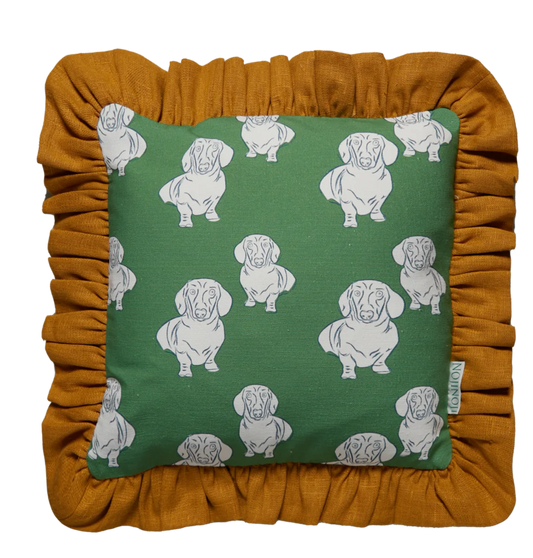 Queen Lauren Frill Cushion (Green/Mustard)