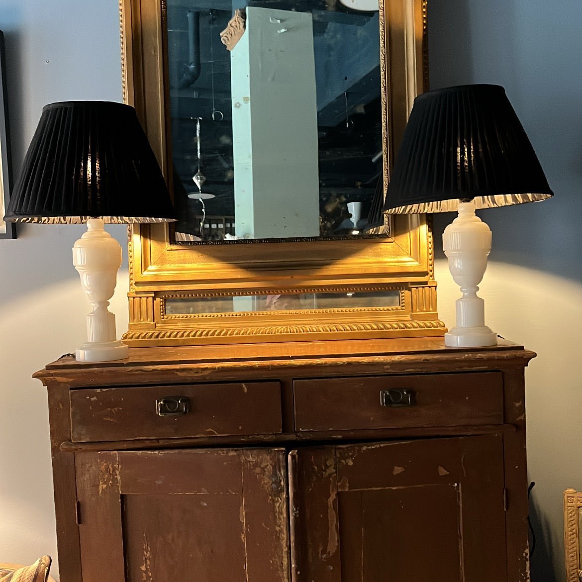 Pair of Alabaster Table Lamps with Shades, Mid 20th Century - Bon Ton goods