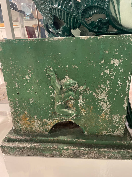 Pair of Antique Garden Stands with Mermaid Relief — Green Patinated Concrete - Bon Ton goods