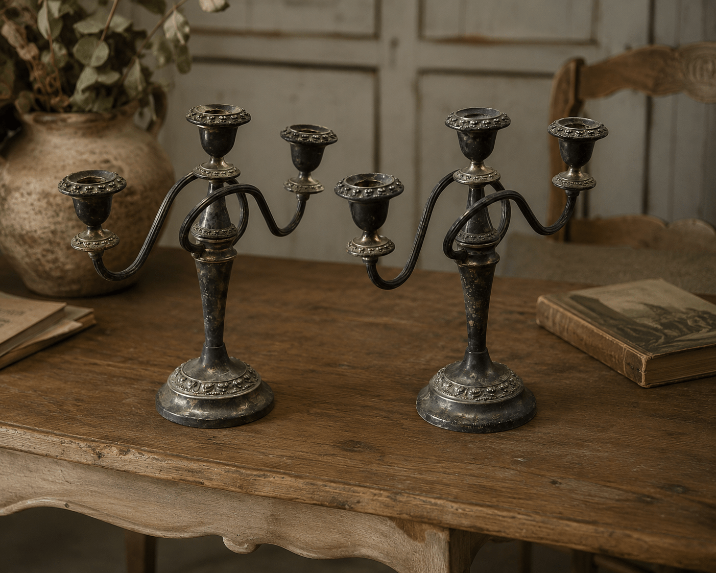 Pair of English Nickel Silver Three-Light Candelabra - Bon Ton goods