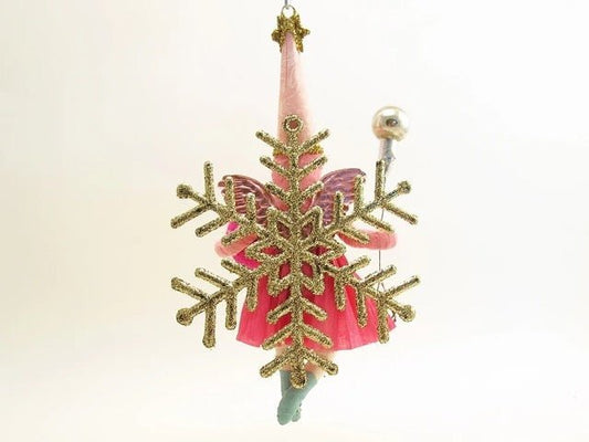 Pink Fairy On Golden Snowflake | Vintage by Crystal Spun Cotton Ornament - Bon Ton goods