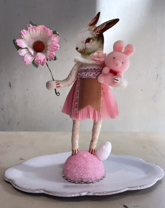 Pink Pretty Bunny Figure | Vintage by Crystal Spun Cotton Ornament - Bon Ton goods