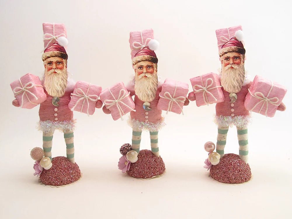 Pink Santa With Presents Figure - Vintage Inspired Spun Cotton | Vintage by Crystal Spun Cotton Ornament - Bon Ton goods