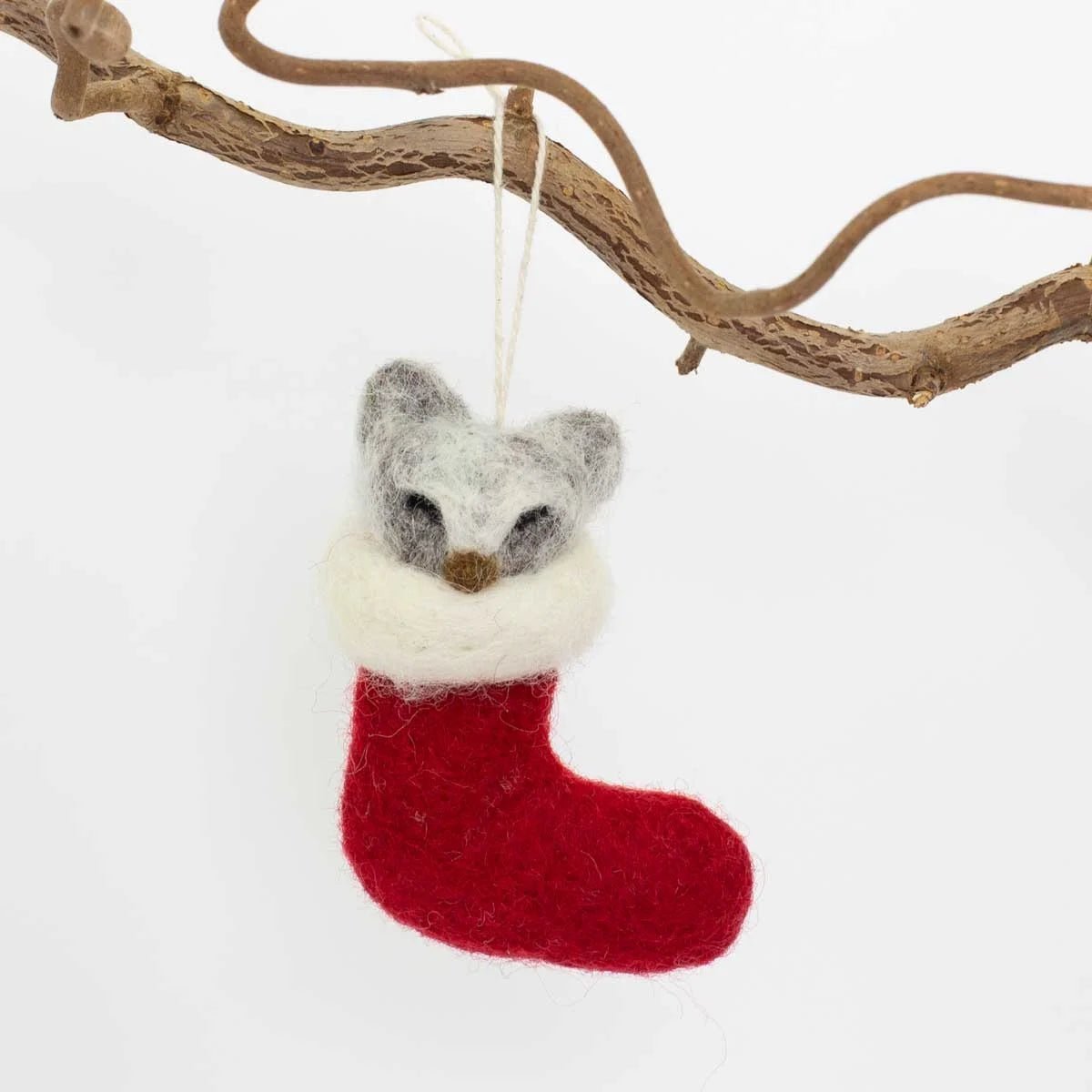 Raccoon in Christmas Stocking Ornament by A World of Craft, Swedish-designed handmade Christmas decoration