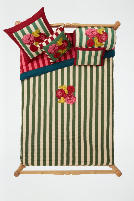 Nizam Stripes Green Natural Quilt 220 x 270 | Lisa Corti