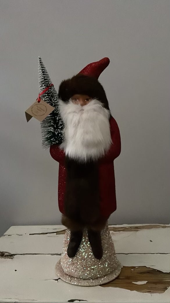 Santa no. 10 - Red Glitter with Brown Fur Trim - Ino Schaller - Bon Ton goods