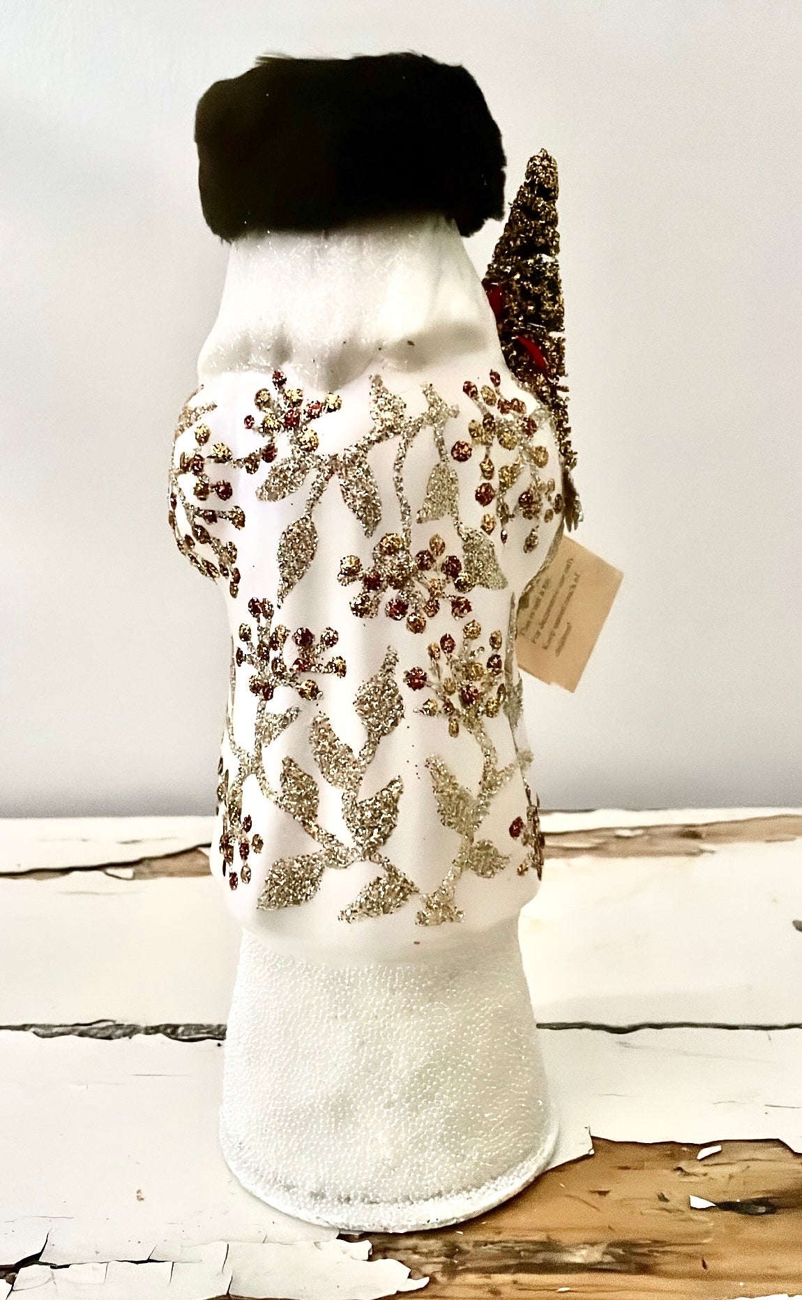 Santa no. 12 - White with Fur Hat and Beaded Holly Motif - Ino Schaller - Bon Ton goods