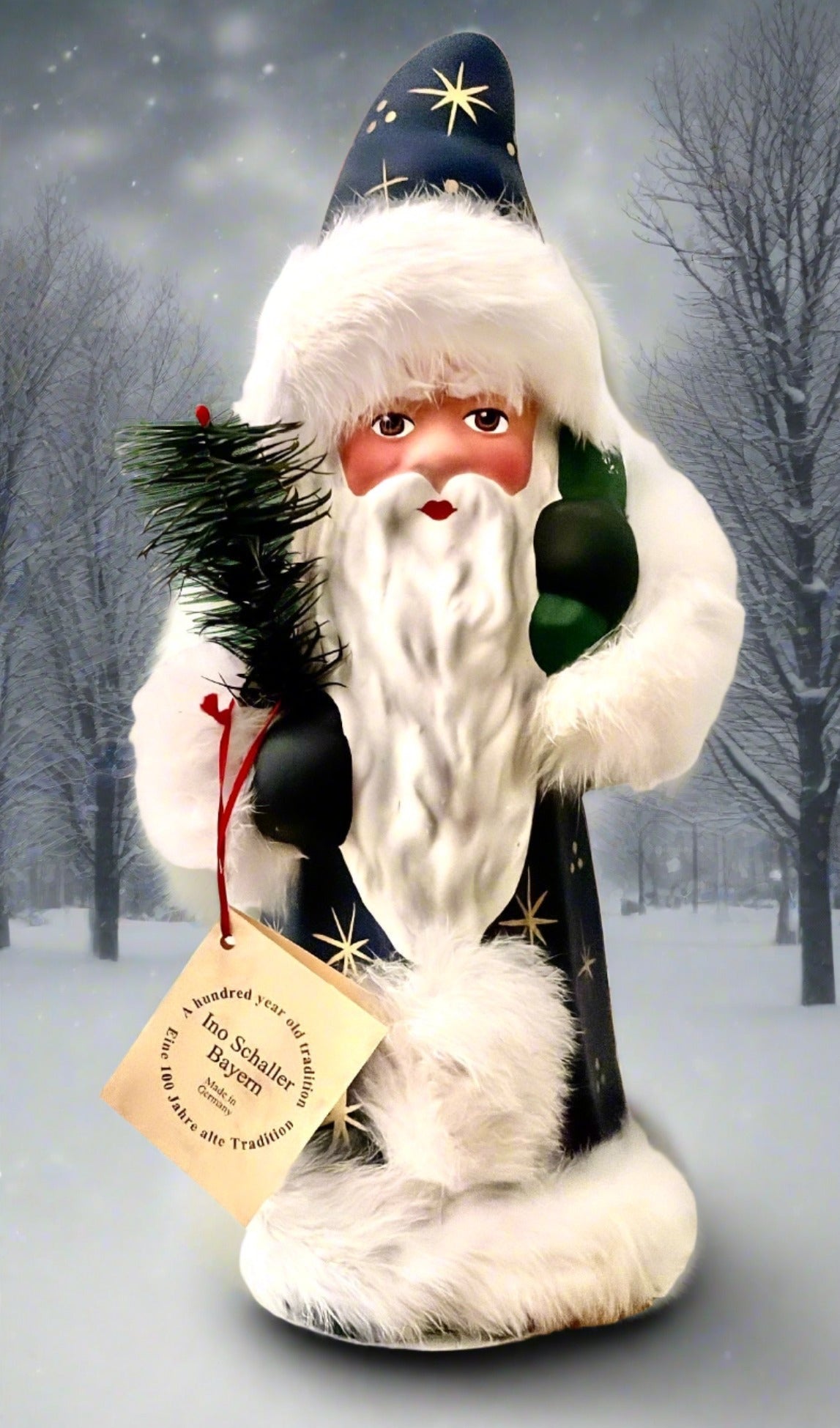 Santa no. 9 - Dark Blue Painted Coat with White Fur Trim, and Hand Painted Star Motif - Ino Schaller - Bon Ton goods