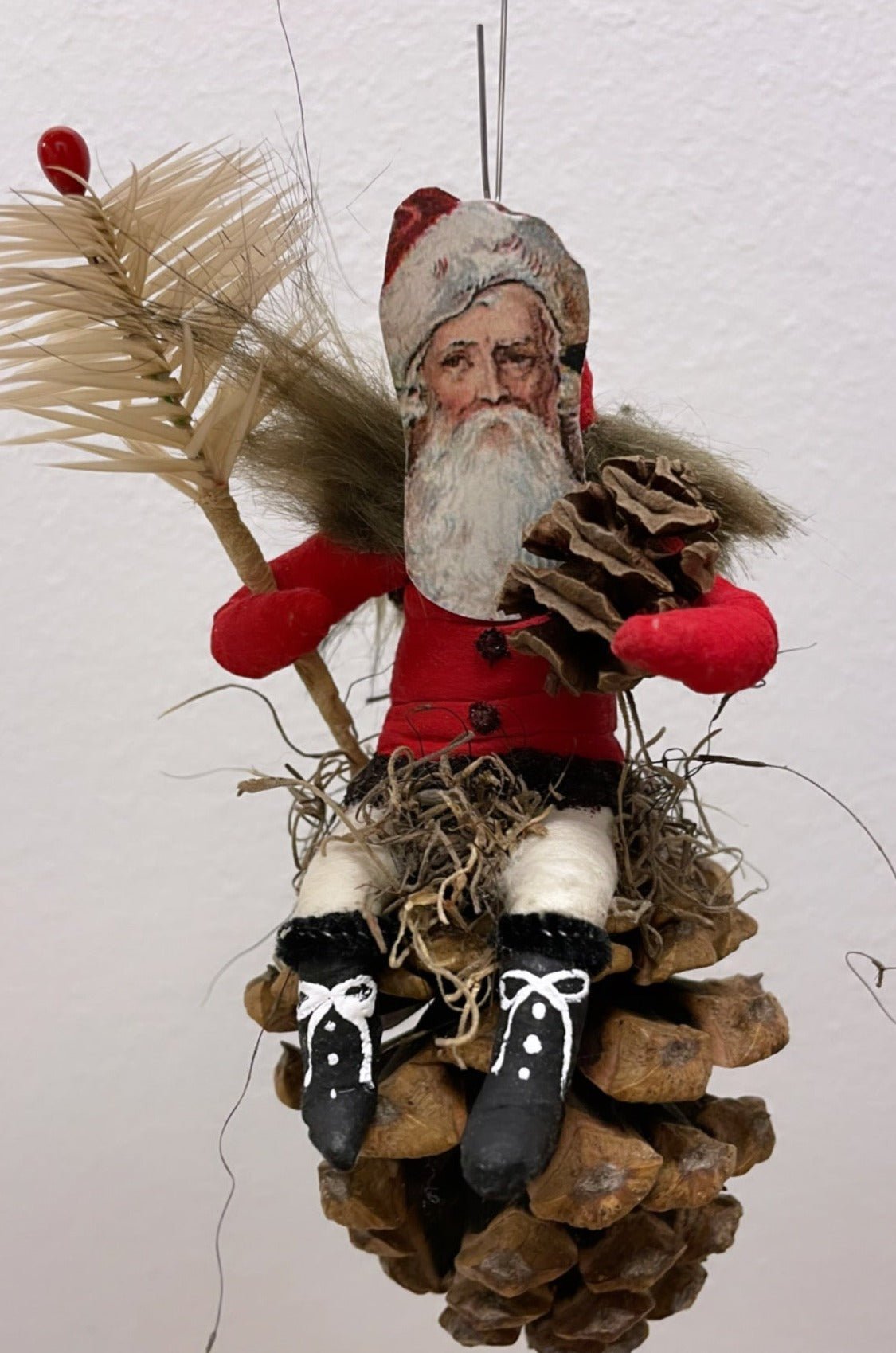 Santa on Pinecone - Vintage Inspired Spun Cotton | Vintage by Crystal Spun Cotton Ornament - Bon Ton goods