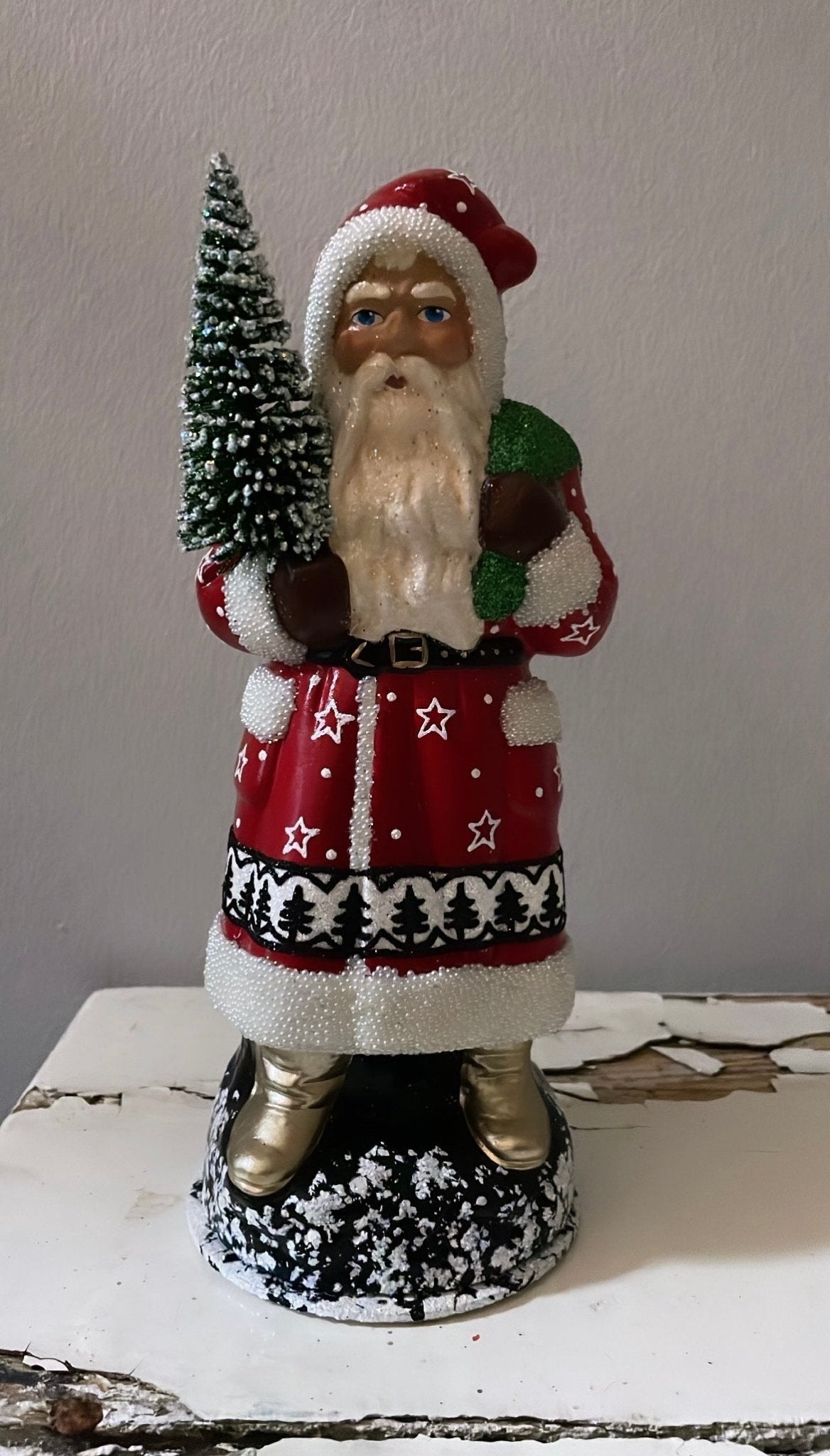 Santa Traditional Red with White Beaded Trim, Green Sack and Hand Painted Coat | Ino Schaller - Bon Ton goods