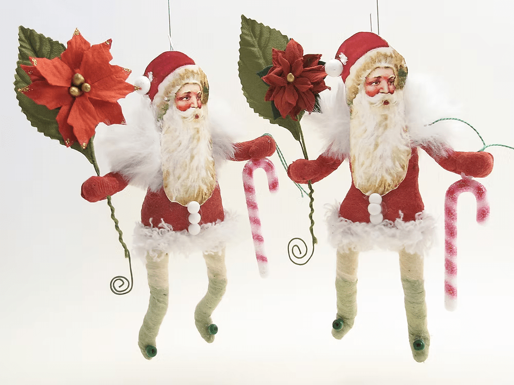 Santa With Flower And Candy Cane Ornament| Vintage by Crystal Spun Cotton Ornament | Vintage by Crystal Spun Cotton Ornament - Bon Ton goods