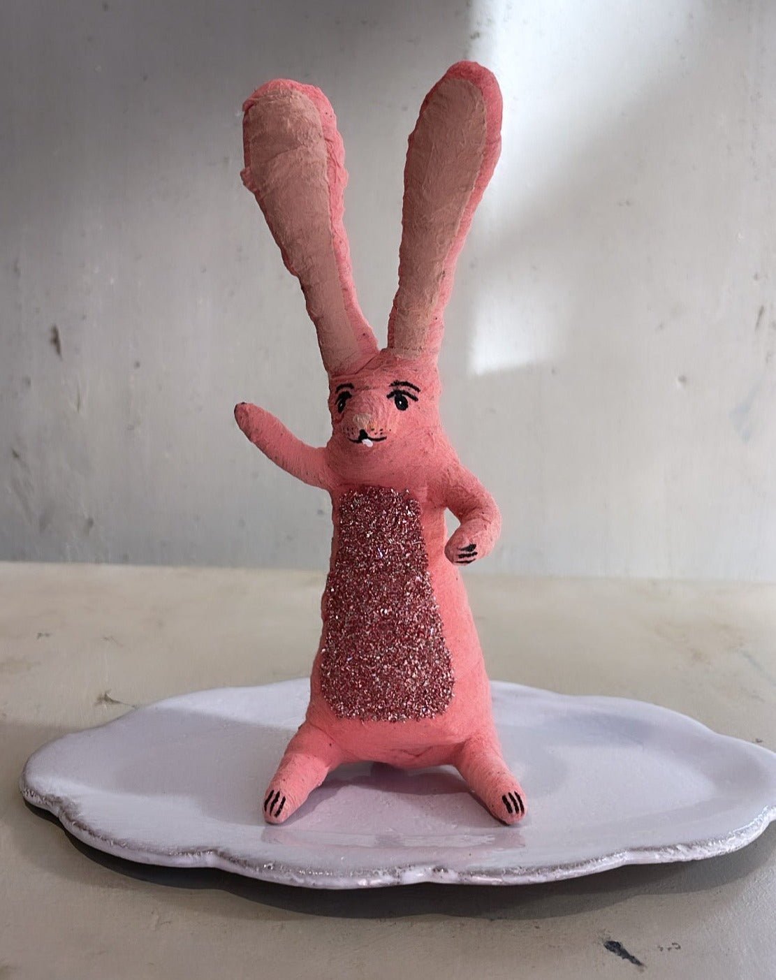 Sitting Bunny Rabbit Figure - Pink | Vintage by Crystal Spun Cotton Ornament - Bon Ton goods