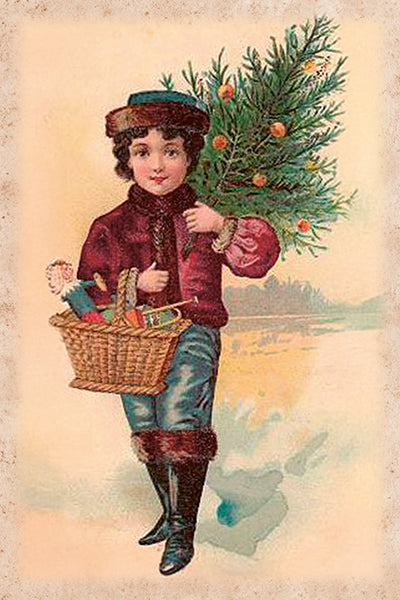 Christmas child carrying a tree and basket