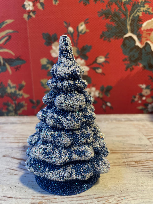 Small Royal Blue With Frost Christmas Tree - Beaded Papier-Mache | Ino Schaller - Bon Ton goods