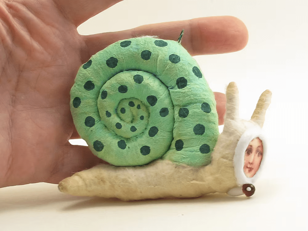 Snail Person (Green Shell) Hanging Ornament | Vintage by Crystal Spun Cotton Ornament | Vintage by Crystal Spun Cotton Ornament - Bon Ton goods