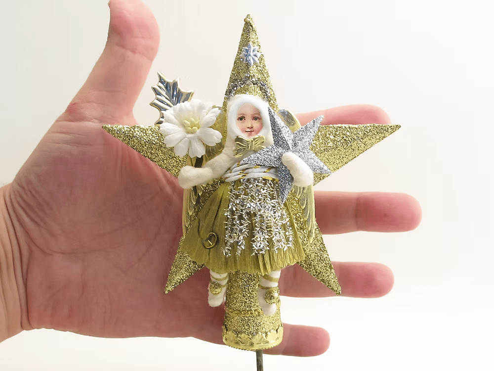 Star Angel Tree Topper (Assorted) | Vintage by Crystal Spun Cotton Ornament - Bon Ton goods