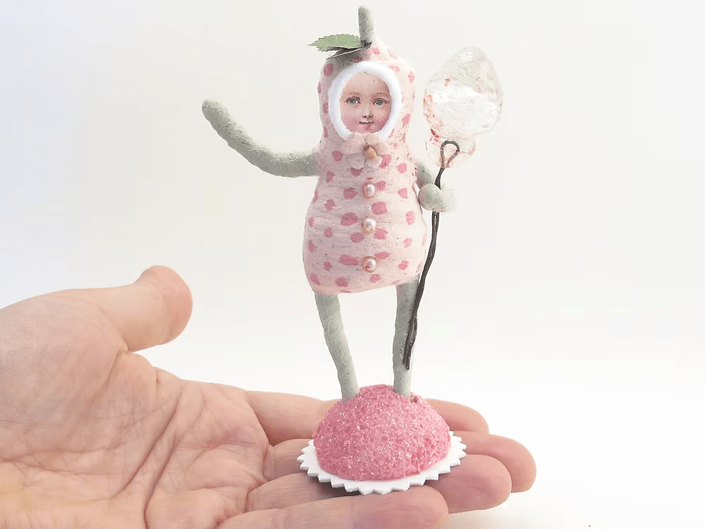 Strawberry Child Figure (Vintage Glass Strawberry) | Vintage by Crystal Spun Cotton Ornament - Bon Ton goods