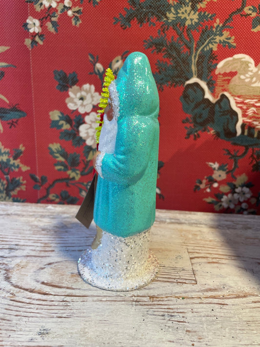 Turquoise Glitter Santa With Yellow Tree | Ino Schaller - Bon Ton goods