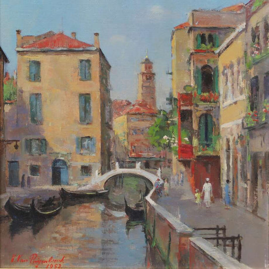 Venetian Canal Scene, 1952 | Oil on Canvas by Vital Van Puyenbroeck - Bon Ton goods