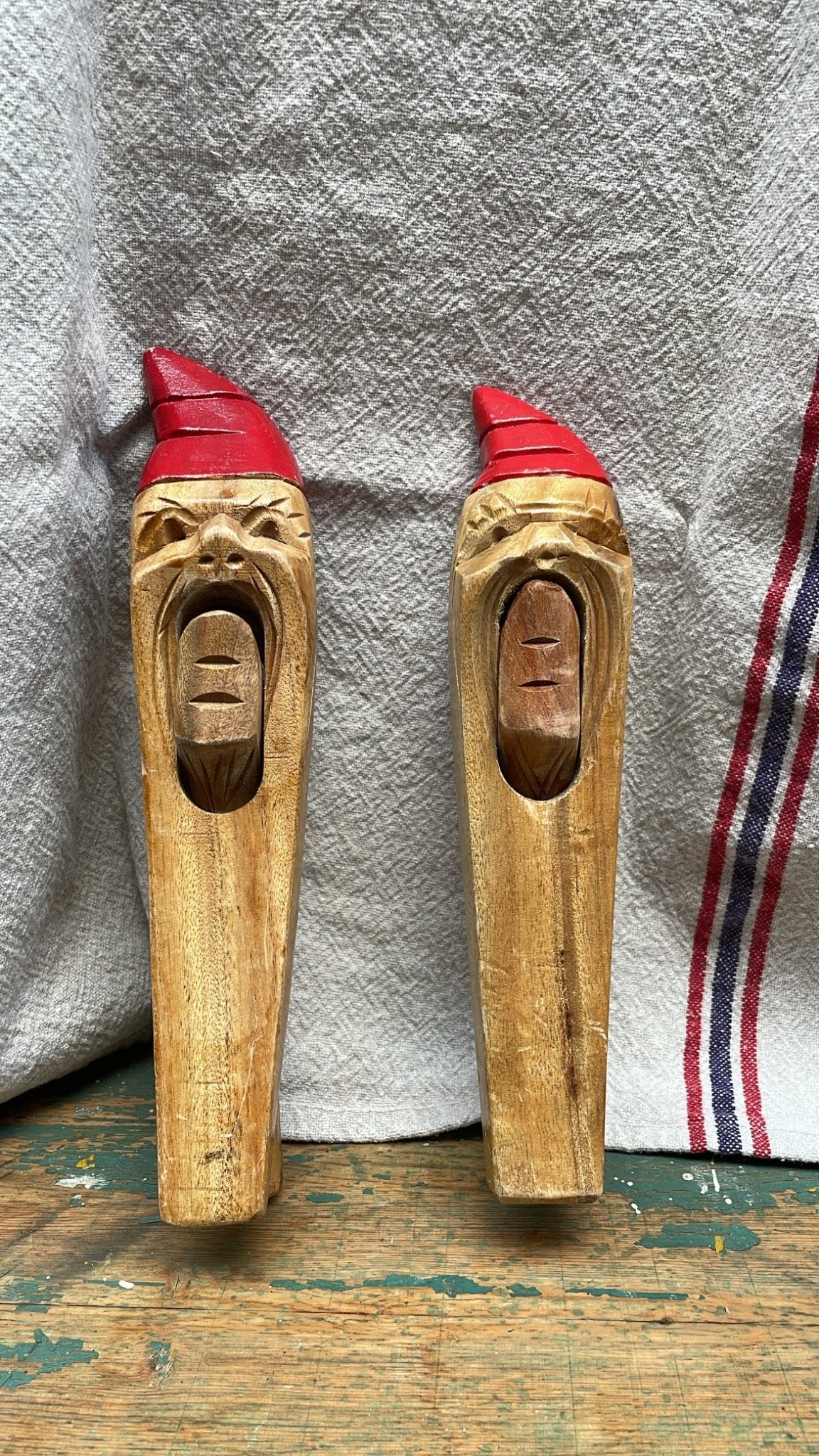 Vintage Hand-Carved Scandinavian Nutcracker Tomte, Pair — Träsnideri Julfigur - Bon Ton goods