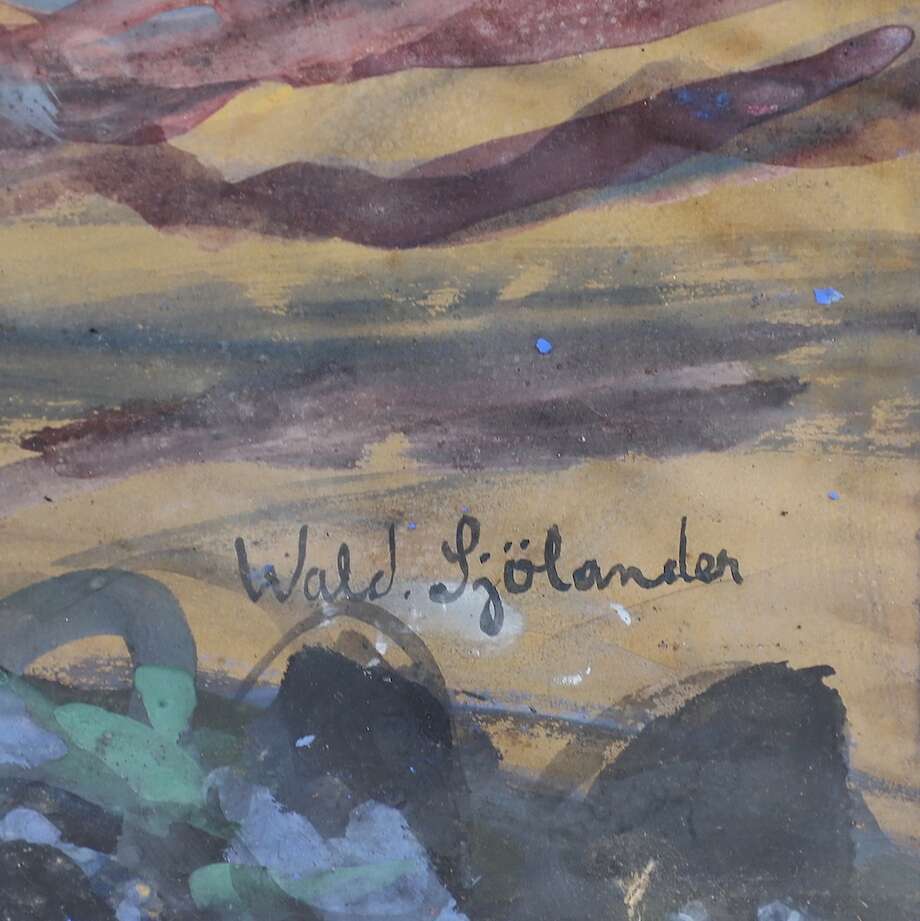 Waldemar Sjölander – Large Framed Watercolor, Coastal Scene (73 × 75 cm) - Bon Ton goods