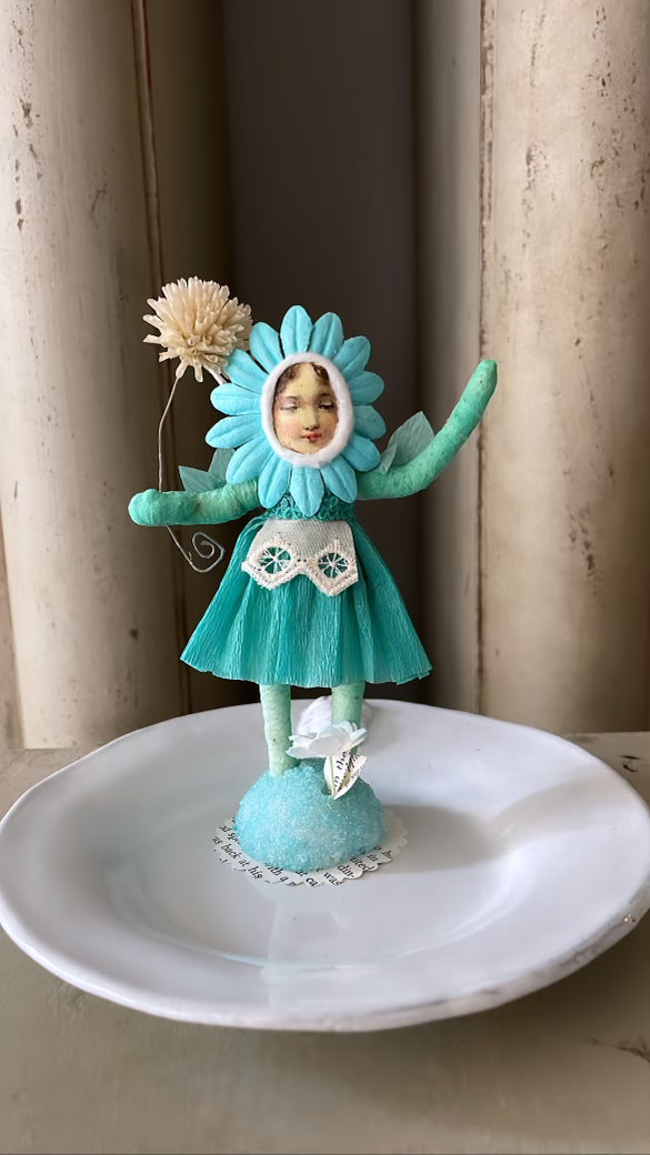 Vintage Inspired Spun Cotton Turquoise Flower Girl Figure | Vintage by Crystal Spun Cotton Ornament