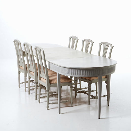 Swedish “Gustavian” Style Dining Room Suite — Table with 2 Leaves & 6 Chairs