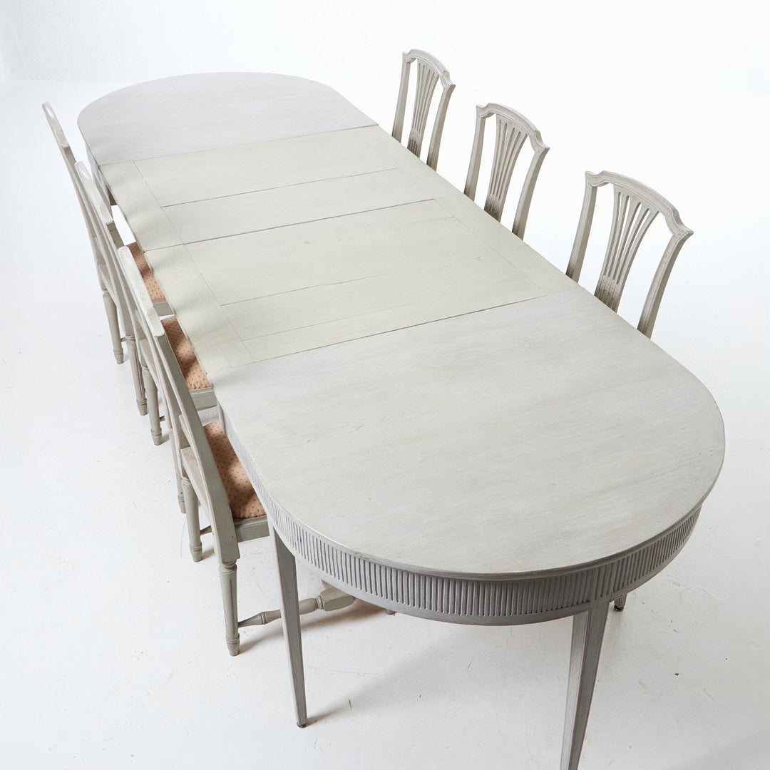 Swedish “Gustavian” Style Dining Room Suite — Table with 2 Leaves & 6 Chairs