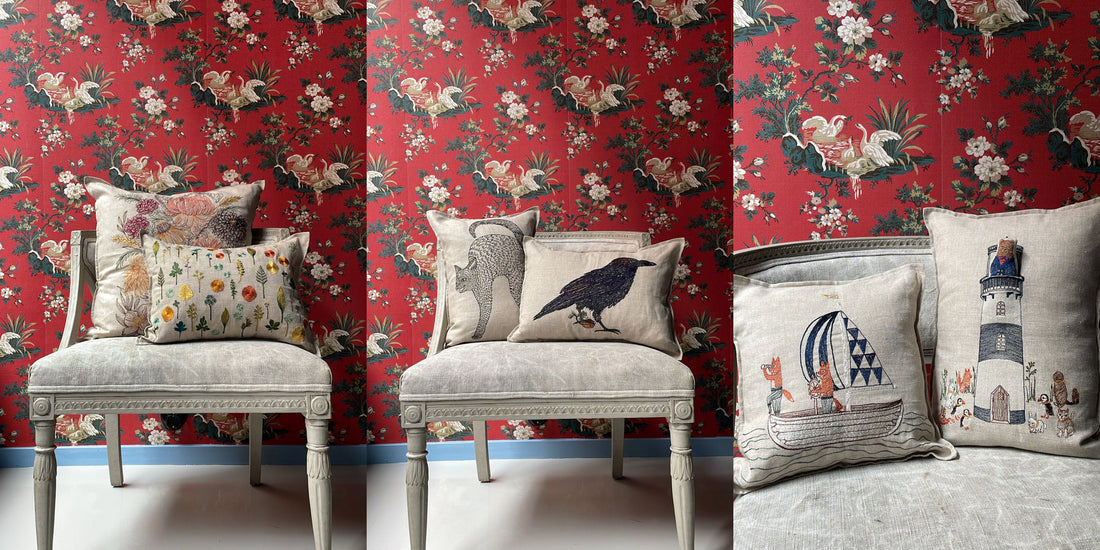 Coral & Tusk embroidered garden, cat, blackbird and nautical pillows styled at BON TON goods in Malmö