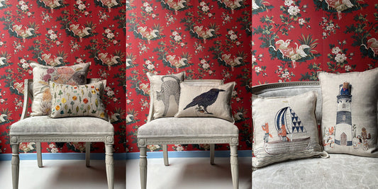 Coral & Tusk embroidered garden, cat, blackbird and nautical pillows styled at BON TON goods in Malmö
