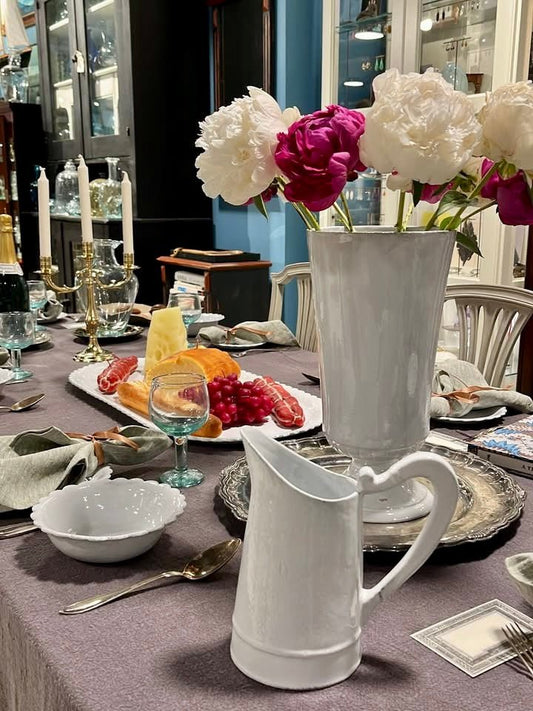 Autumn table set with Astier de Villatte ceramics, flowers, candles and glassware at BON TON goods