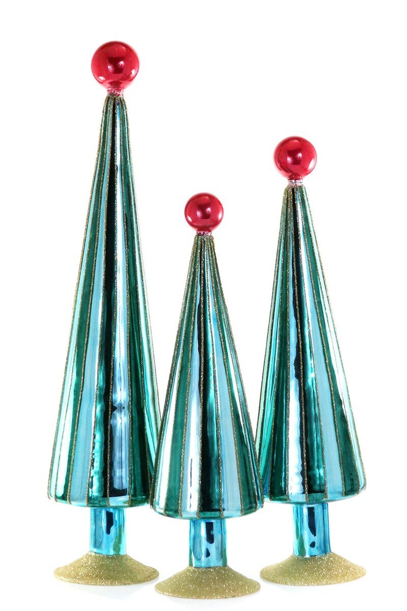 Carnival Glass Christmas Trees – Juniper Green & Red, Three Sizes - Bon Ton goods
