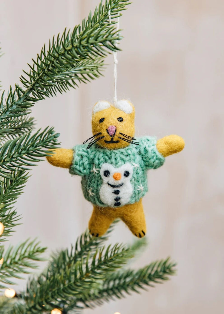 Cat in Snowman Sweater Christmas Ornament by A World of Craft, Swedish-designed handmade Christmas decoration